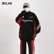 MOLAN เสื้อสเวตเตอร์เสื้อยืดคอกลมของผู้ชาย,เสื้อเสื้อแขนยาวคอกลมแนวสตรีทแขนยาวทรงหลวมสีตัดกันสีดำและ