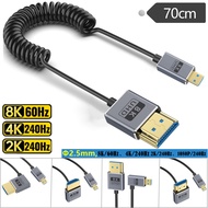 8K@60Hz Micro HDMI to HDMI 2.1 Spring Coiled Coaxial Cable, 90° Right Angle Plug, 70cm Retractable, 