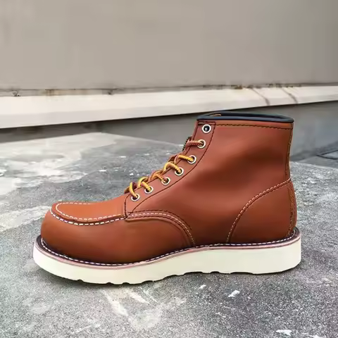 Goodyear-Welted Vintage Genuine Leather Ankle Motorcycle Boots Wings Square Top Men Casual Dress Wor