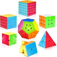 Speed Cube Set, 7 Pack Speed Magic Cube Set with Speed Cube 3x3, 2x2, 4x4 Speed Cube, Pyramid Megami