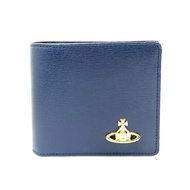 Vivienne Westwood 時尚素面金色土星4卡對開皮夾零錢袋 海軍藍/ 平行輸入
