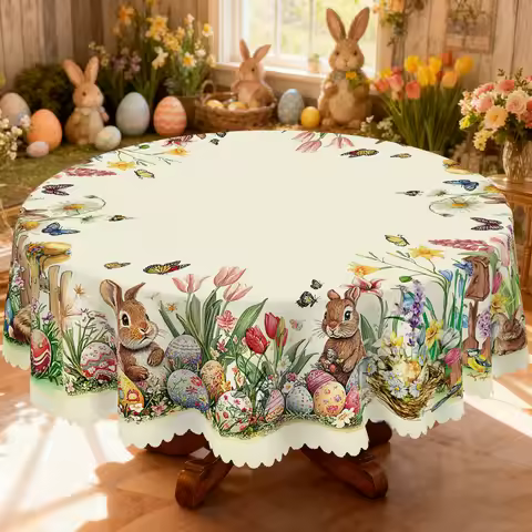 1 Easter Round Tablecloth, Available in 5 Sizes, Featuring a Soft and Cute Bunny Snuggling with Pain