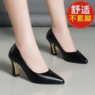 ZAZA 8cm High Heel Pumps Shoes Office Shoes for Women Black Leather Shoes Plus Size 41 Soft Sole