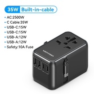 Vention Universal Travel Adapter 35W GaN Travel Charger Built in Type C Cable with International Plu