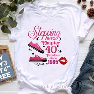 New Glitter Stepping Into Chapter 40 Fabulous Since 1985  Printed Tshirt Women Red Lips Shoes Birthd