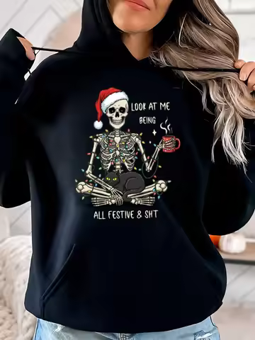 Skeleton with Cat and Christmas Lights Look at Me Being All Festive Christmas Hoodie Women Casual We