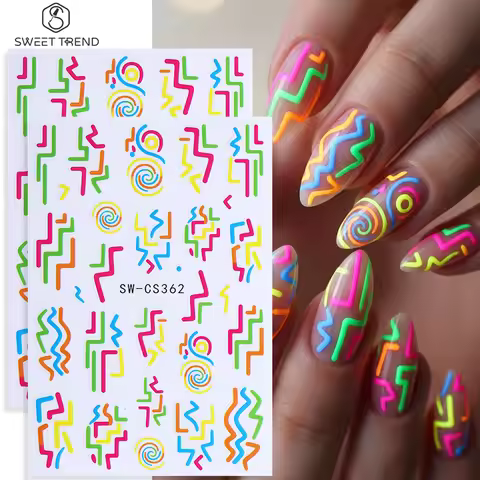 2pcs Graffiti Nail Art Stickers 3D Colorfull Abstract Swirls Line French Design Adhesive Nail Decals