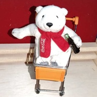 vintage Coca-Cola Polar Bear plush collectible, hold miniature bottle with sitting in miniature trol