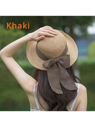 1頂女款多色大邊緣帽子,帶蝴蝶結絲帶,可摺疊的泛丹麥海灘帽,適用於日常穿著