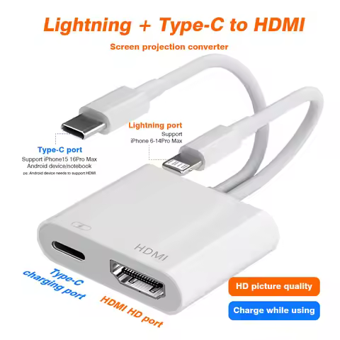 4K@60Hz Lightning to HDMI HD Adapter Type C to HDMI 4-in-1 Same Screen Hub for iPhone 16 15 14Pro Ma
