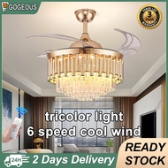 42 Inch Modern Crystal Ceiling Fan with Light Strong Wind Tricolor Ceiling Fan Kipas Lampu Fan Light