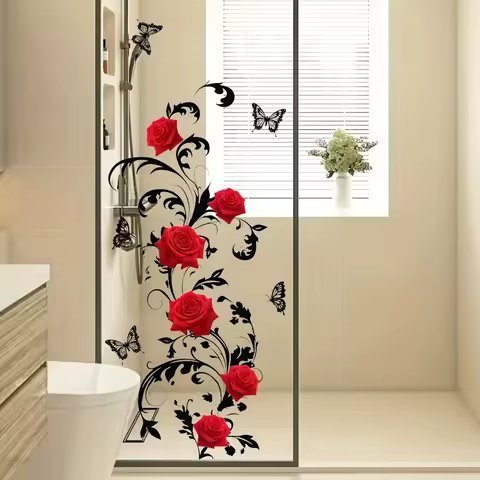 1Pc Romantic Rose Flower Butterfly Wall Sticker, Pvc Wall Decoration for Home Decor, Suitable for Gl