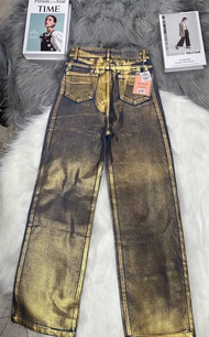 BU8101 กางเกงยีนส์ขายาวเอวสูงฟอกสีเมทัลลิคสีทอง ทรงสวยใส่สบาย สีคล้ายสีสะหนิม เก๋มากกก