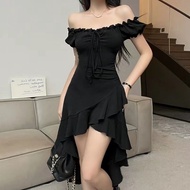 One-Piece Dress Dress Black Ruffled Irregular Dress Women Summer One-Shoulder Narrow-Waist Sexy Dres