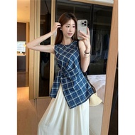 Áo Gi-lê ca rô không tay nữ zhu XIA với thiết kế xếp li