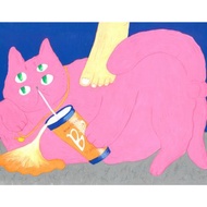 原創手繪四眼粉貓massage藝術微噴裝飾畫