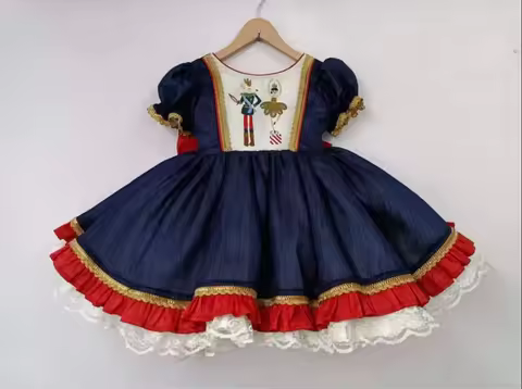 0-12Y Baby Girl Summer Nutcracker Elf Embroidery Navy Blue Vintage Princess Dress for Birthday Holid