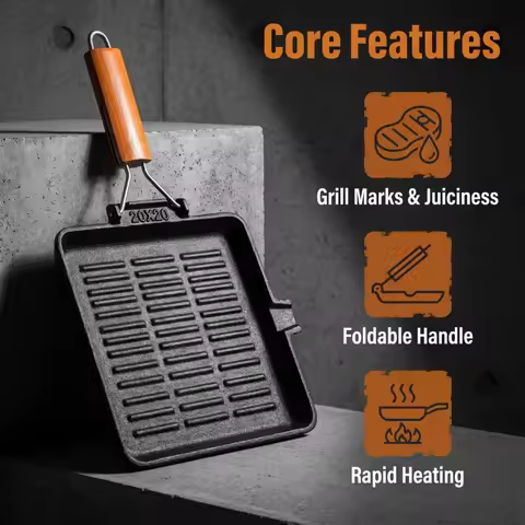 Square and Round Grilling Pans for Induction Cookers, Universal Use Cast Iron Skillet Foldable Woode