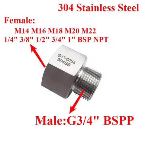 G3/4" BSP Male To Female M14 M16-M22 1/4" 3/8" 1/2" 1" BSP NPT Hex Reducer Bushing 304 Stainless Ada