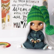 Green striped hat for Blythe, Pullip doll, knitted cap with pompom, BJD, 娃娃针织衣服
