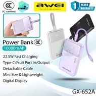 【3C Certified】Awei GX-652A 10000mAh Powerbank 22.5W Fast Charging Power Bank Detachable Cable GX652A
