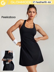 GLOWMODE Featherfit™-air Peekaboo 女性日常短褲內置口袋防滑帶連衣裙,輕支撐低強度瑜珈工作室穿著適用