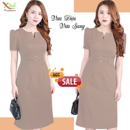 Women's Straight A-Line Dress with Embellished Belt DL670DL850 Middle-aged office dress