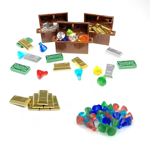 MOC Building Blocks Golden Silver Bricks Coins Gemstones Diamonds Pirate Treasure Chest Parts Kits T