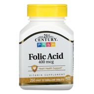 21st Century Folic Acid, 400 mcg, 250 Easy to Swallow Tablets, Heart Health Support Folate Vitamin B