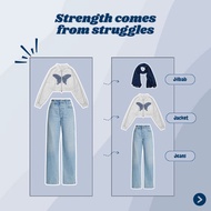 One Set 3in1 Trendy Butterfly Crop Jacket Wanita | Highwaist Jeans | Anti-Wrinkle Square Scarf - KA0
