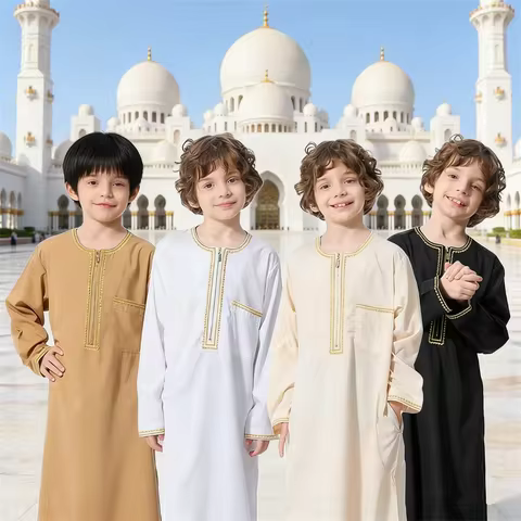 New 2025 Dubai Arab Muslim Kids Boys Clothes Abaya Caftan Robes Islam Ramadan Clothing Qatar Child K