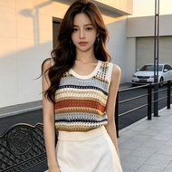 Loose Lazy Hollow Top Retro Contrast Color Striped Vest Women Summer Knit New Style Hollow Clothes W