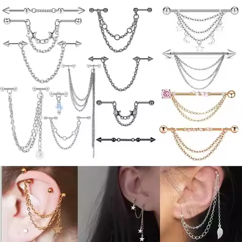 Double Piercing Chain Stud Earring Industrial Piercing Chain Earrings Tassel Cartilage Helix Jewelry