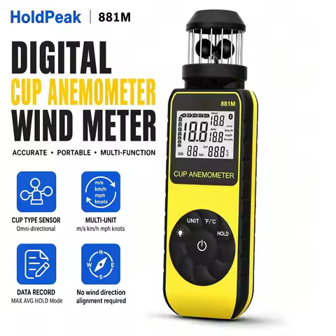 Cup Anemometer Digital Wind Speed Meter with 360° Wind Vane, 0.7-42m/s Air Velocity Gauge, Temperatu