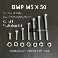 BMP M5 White Hexagonal Nut Bolt Key 8 Length 1 cm to 5 cm