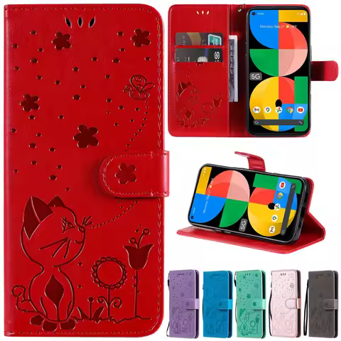 Flip Wallet Cat Bee Leather Case For Google Pixel 6 Pixel 6 Pro Pixel 5A 5 5XL Pixel 4 4A 4XL Pixel 