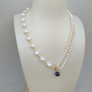 18in Exotic Design Genuine Natural South Sea Big&Small White Pearl Necklace Black Pendant 14K Gold F