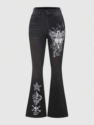 ROMWE Goth 女性骷髏和星星圖案喇叭褲