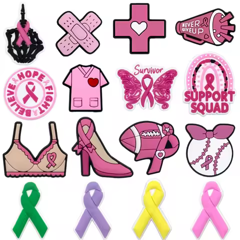 1/16pcs Cancer Ribbon Shoe Decorations Breast Cancer Ribbon Shoe Decorations Care for Women's Health