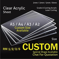 Acrylic Sheet/Perspex A5/A4/A3/A2 Casting Acrylic / Grade A / Perspex / Papan Plastic / Acrylic Plate / Custom Size
