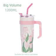 Tumbler Thermos Mug With Handle And Straw Stainless Steel Vacuum Insulated Travel Coffee Cup Water Bottle for Lady Women Tumbler 1200ml Starbucks Tumbler Ready Stock Christmas Gift