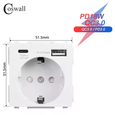COSWALL 16A EU Socket Module With PD 18W Type-C & QC 3.0 Type-A Dual USB Fast Charger Use For C1/E20