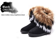 Womens Mid-Calf Fox Fur Snow Boots Cotton Lined Flat Shoes round Toe Rubber Sole Winter Comfort Leis