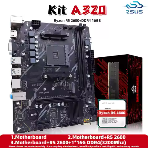 ZSUS A320 Motherboard Set Kit With Ryzen R5 2600 CPU DDR4 1*16GB 3200MHz memory AM4 Motherboard M.2 