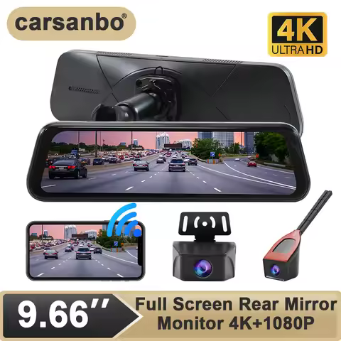 Carsanbo 9.66inch IPS Touch Full Screen Rear View Mirror Monitor With 4K Front View Camera 1080P Rea