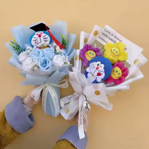 Classic Anime Genuine Doraemon Plush Dolls With Flowers Creative Bouquets Christmas Birthday Graduat
