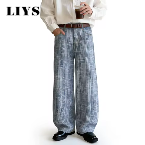 LIYS Fashionable Baggy Wide Leg Men's Women's Jacquard Jeans Japanese Korean Street Style Ultra Bagg