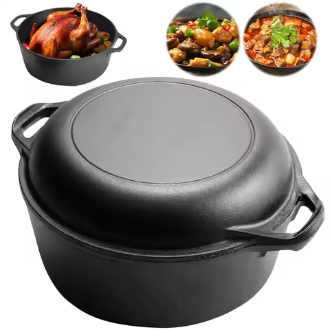 2 in 1 Cast Iron Dutch Oven with Skillet Lid Skillet Cookware Pan Set for Bread Frying Baking Campin