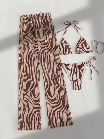 Women's Zebra Stripe Print 3 Piece Swimwear Set, Halter Triangle Bikini with High Waist Cover Up Pan