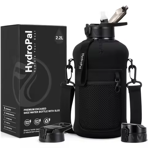UKEIN Half Gallon Water Bottle With Storage Sleeve, 74oz Large Water Bottle With 2 Lids(Straw Lid An